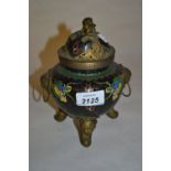 Cloisonne censer and cover decorated with yellow dragons on a black ground with gilt metal mount,