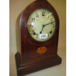 Edwardian mahogany lancet shaped mantel clock with Arabic numerals and two train movement (pendulum