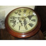 Early 20th Century mahogany circular drop-dial wall clock having painted dial with Roman numerals