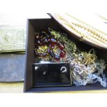Pair of gold plated lorgnettes, small quantity of costume jewellery, musical vanity box,