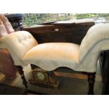 19th Century mahogany window seat with white damask upholstery having button scroll ends raised on