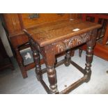 17th / 18th Century oak joint stool with a plain frieze on turned supports with stretchers (top