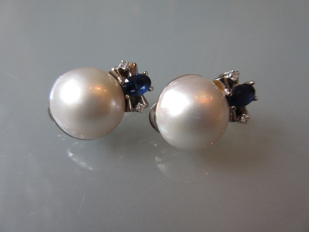 Pair of 18ct white gold South Sea pearl, sapphire and diamond earrings, maker S.B.