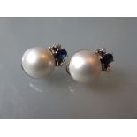 Pair of 18ct white gold South Sea pearl, sapphire and diamond earrings, maker S.B.