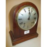 Edwardian mahogany and chequer line inlaid dome shaped mantel clock with silvered dial,