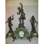 19th Century French green onyx and patinated spelter three piece clock garniture mounted with three