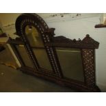 Large Moorish carved hardwood and bone inlaid triple plate mirror,