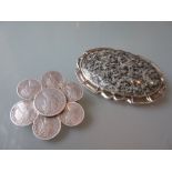 Oval silver mounted polished Cabochon granite brooch and a Victorian silver coin group mounted as a