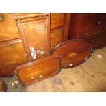 Edwardian oval mahogany shell inlaid tray together with two other trays