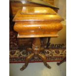 Victorian burr walnut sarcophagus shaped work table on turned centre column and quadruped splay