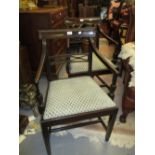 Pair of mahogany open elbow chairs in George III style with moulded and pierced rail backs,