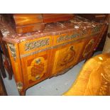 20th Century Continental walnut marquetry inlaid commode chest having rouge marble top,