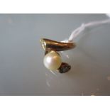 Gold cultured pearl and diamond crossover ring