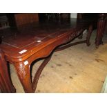 Reproduction rectangular oak coffee table with a parquetry top raised on cabriole supports