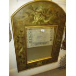 20th Century arch top wall mirror with gilt edged bird and floral painted decoration and