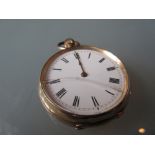Small 14ct yellow gold cased open face pocket watch with enamel dial having Roman numerals (glass