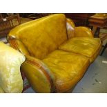 Art Deco walnut and green leather upholstered two seat sofa
