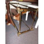 Modern rectangular gilt brass occasional table with glass top and a square wrought iron occasional