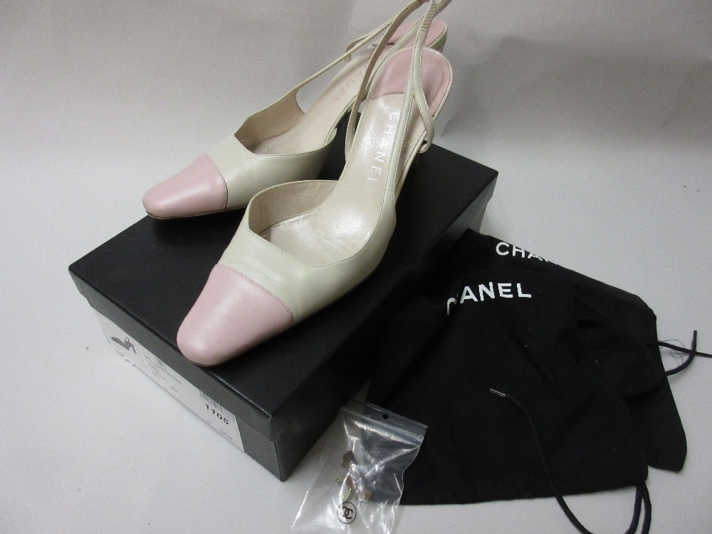 Pair of Chanel ladies light beige and pink slingback shoes,