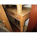 19th Century stripped pine two drawer side table on turned supports together with a similar pine