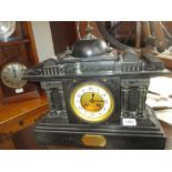 19th Century French black slate two train mantel clock (a/f) together with an Art Deco black slate