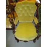 19th Century walnut shell shaped button back open armchair having gold upholstery,