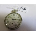 Lanco nickel plated open face fifteen jewel pocket watch with subsidiary seconds hand