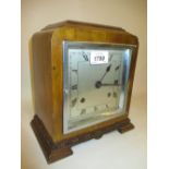 1930's Walnut two train mantel clock with silvered dial