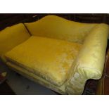 Victorian yellow damask upholstered two seat sofa with hump back,