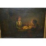 18th / 19th Century oil, lamplit interior with two figures seated at a table,