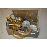 Brass chamberstick, pair of brass gas lamp arms and other various door furniture etc.