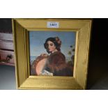 19th Century oil on mahogany panel, portrait of a continental lady holding a tambourine, 7ins x 6.