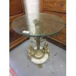 Reproduction circular glass gilt brass and alabaster occasional table mounted with cherub figures