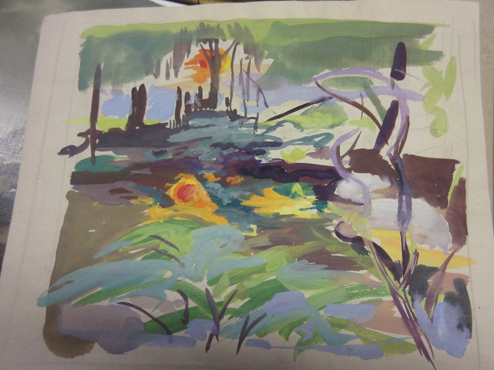 Phyllis Bray, five unframed gouache paintings, figures in a landscape and other scenes, - Image 2 of 6