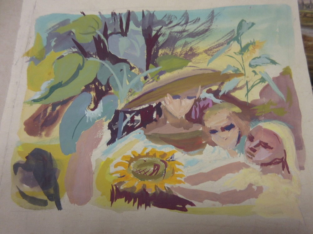 Phyllis Bray, five unframed gouache paintings, figures in a landscape and other scenes, - Image 4 of 6
