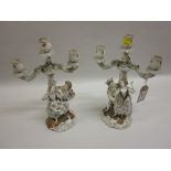 Pair of 19th Century Sitzendorf three branch figural mounted candelabra (one a/f),