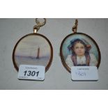 Oval miniature watercolour of sailing boats together with a miniature watercolour portrait of a