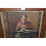 Oil on canvas applied to board, study of a seated elderly lady with a goffering iron, unsigned,
