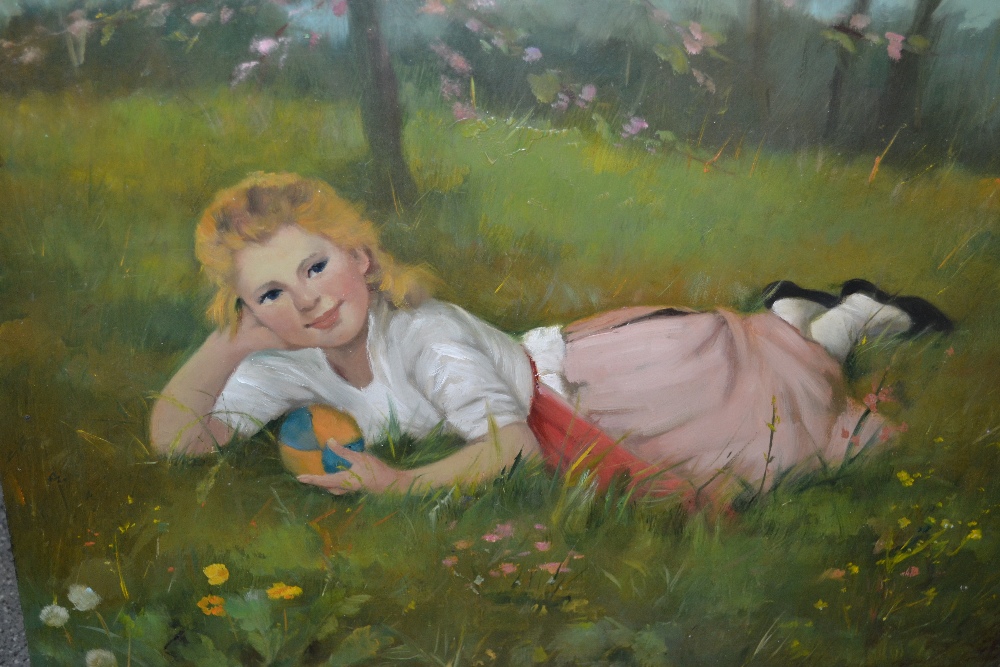 Unframed oil on panel, study of a child resting in a flower meadow, indistinctly signed, 12ins x 15.
