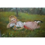 Unframed oil on panel, study of a child resting in a flower meadow, indistinctly signed, 12ins x 15.