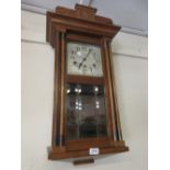 1930's German walnut cased Vienna style wall clock having square silvered dial with Arabic numerals