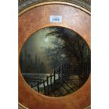 Pair of 19th Century circular gilt framed oils, moonlit garden terrace,