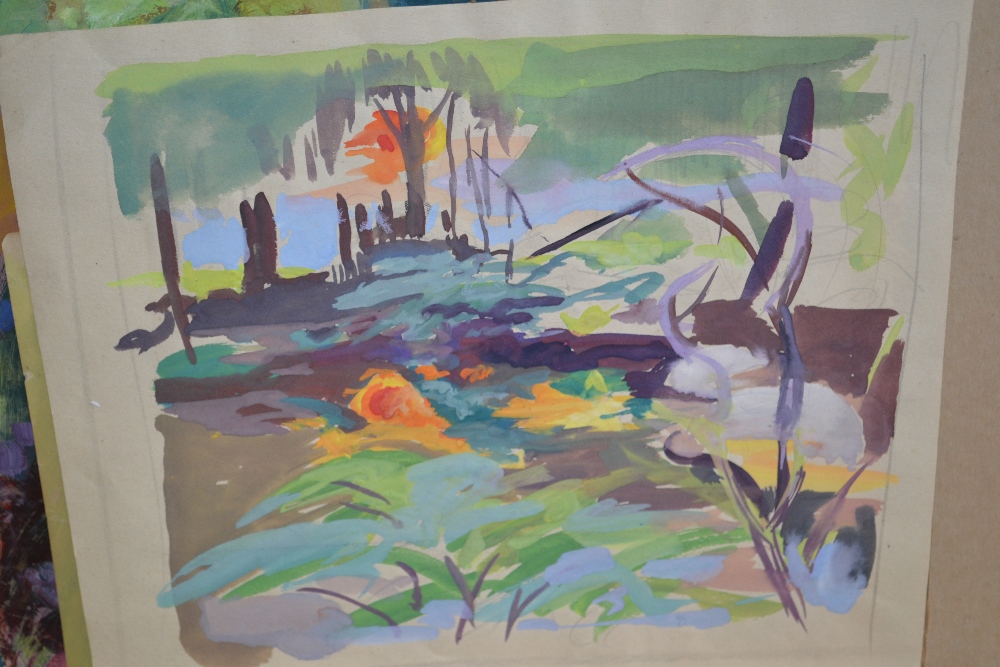 Phyllis Bray, five unframed gouache paintings, figures in a landscape and other scenes,