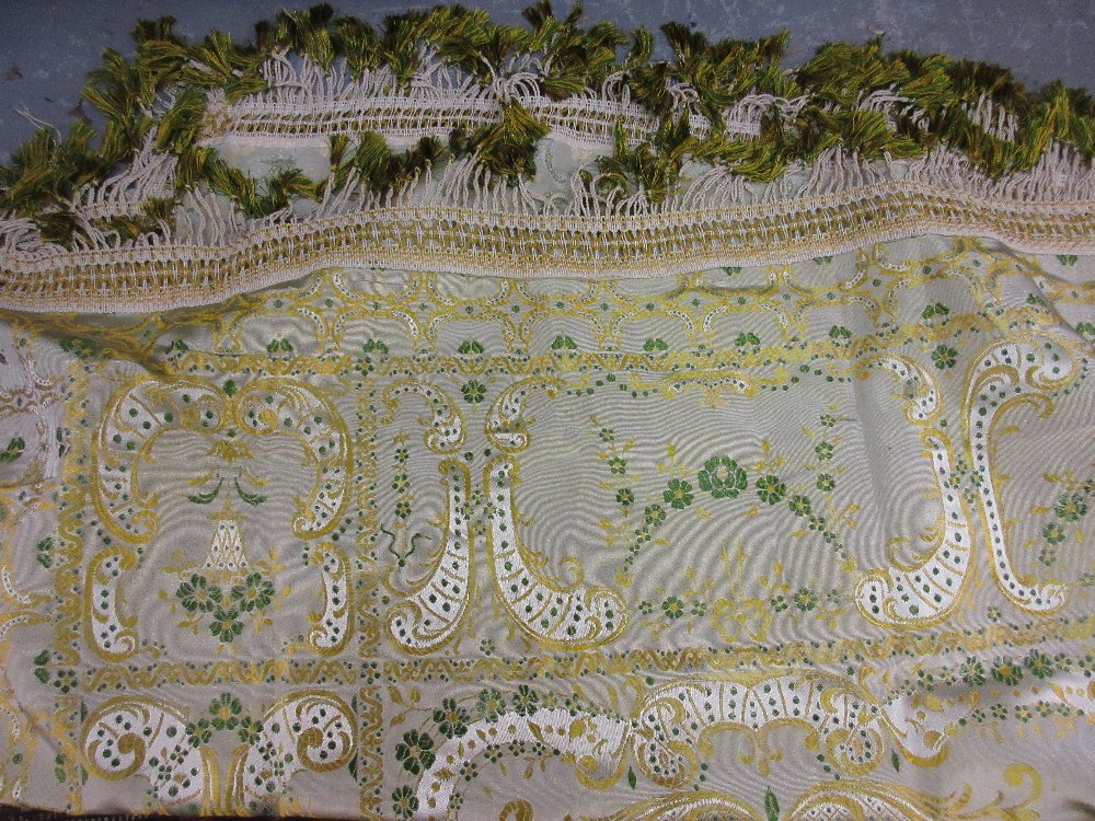 Large Italian machine embroidered floral decorated bedspread in green and gold with three sided