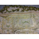 Large Italian machine embroidered floral decorated bedspread in green and gold with three sided