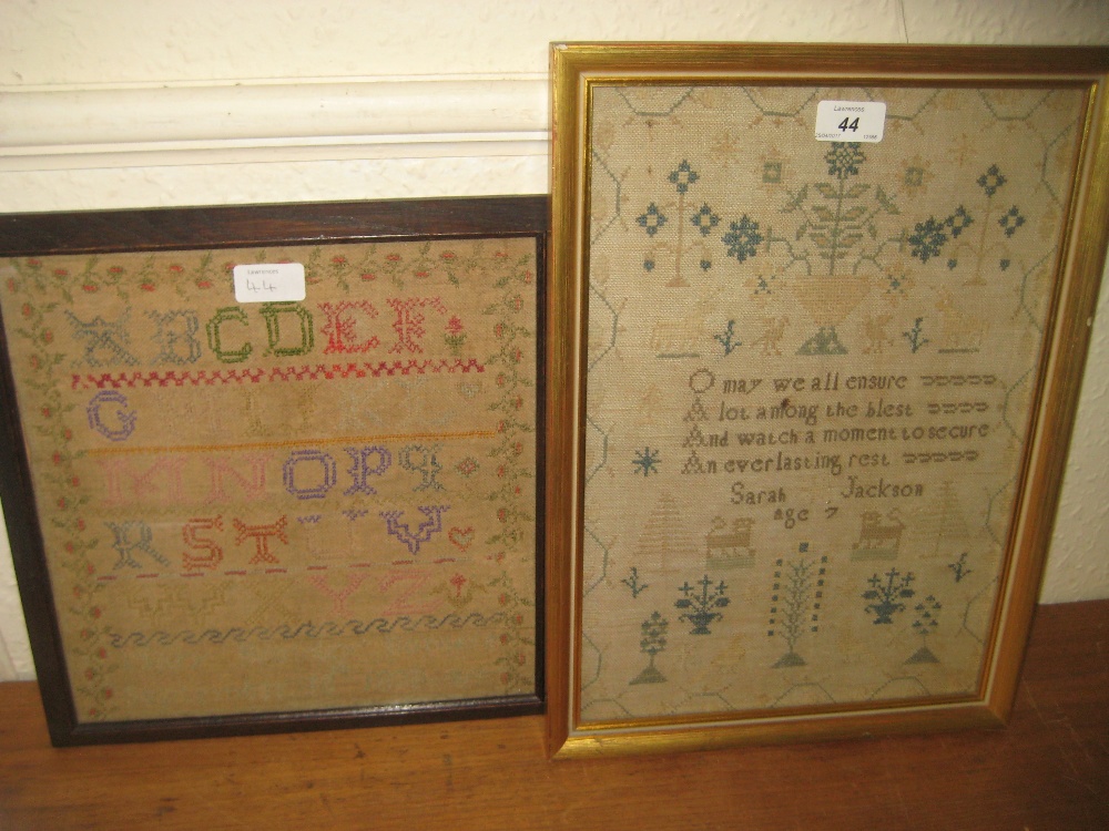 19th Century needlework sampler by Sarah Jackson, aged 7, with verse,