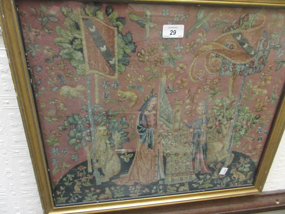 Gilt framed petit point picture based on an antique French tapestry