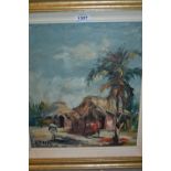 Early to mid 20th Century Far Eastern oil on canvas, figures and palm trees,