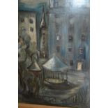 Modern British school, oil on board, view of a bandstand at night, indistinctly signed,