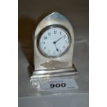 Small Birmingham silver lancet shaped mantel clock with circular enamel dial having Arabic numerals